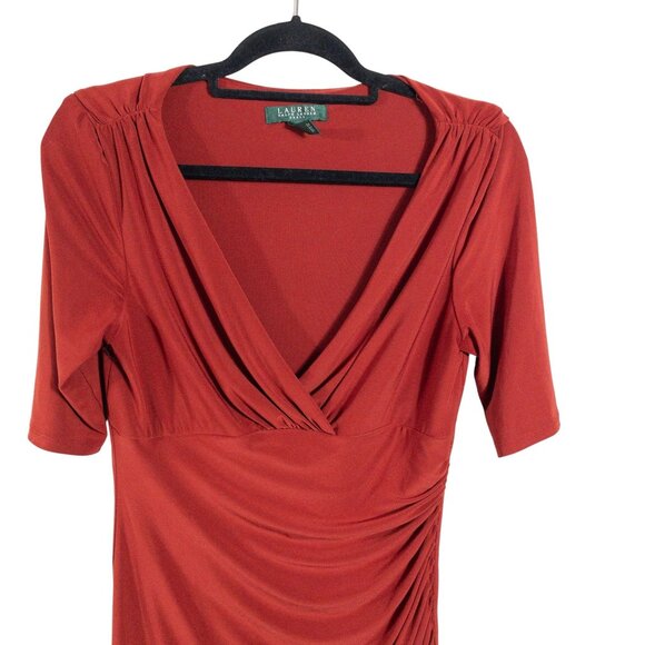 Ralph Lauren Red Ruched Midi Dress With Surplice Neckline SZ 10 M Dinner Party - Picture 3 of 9